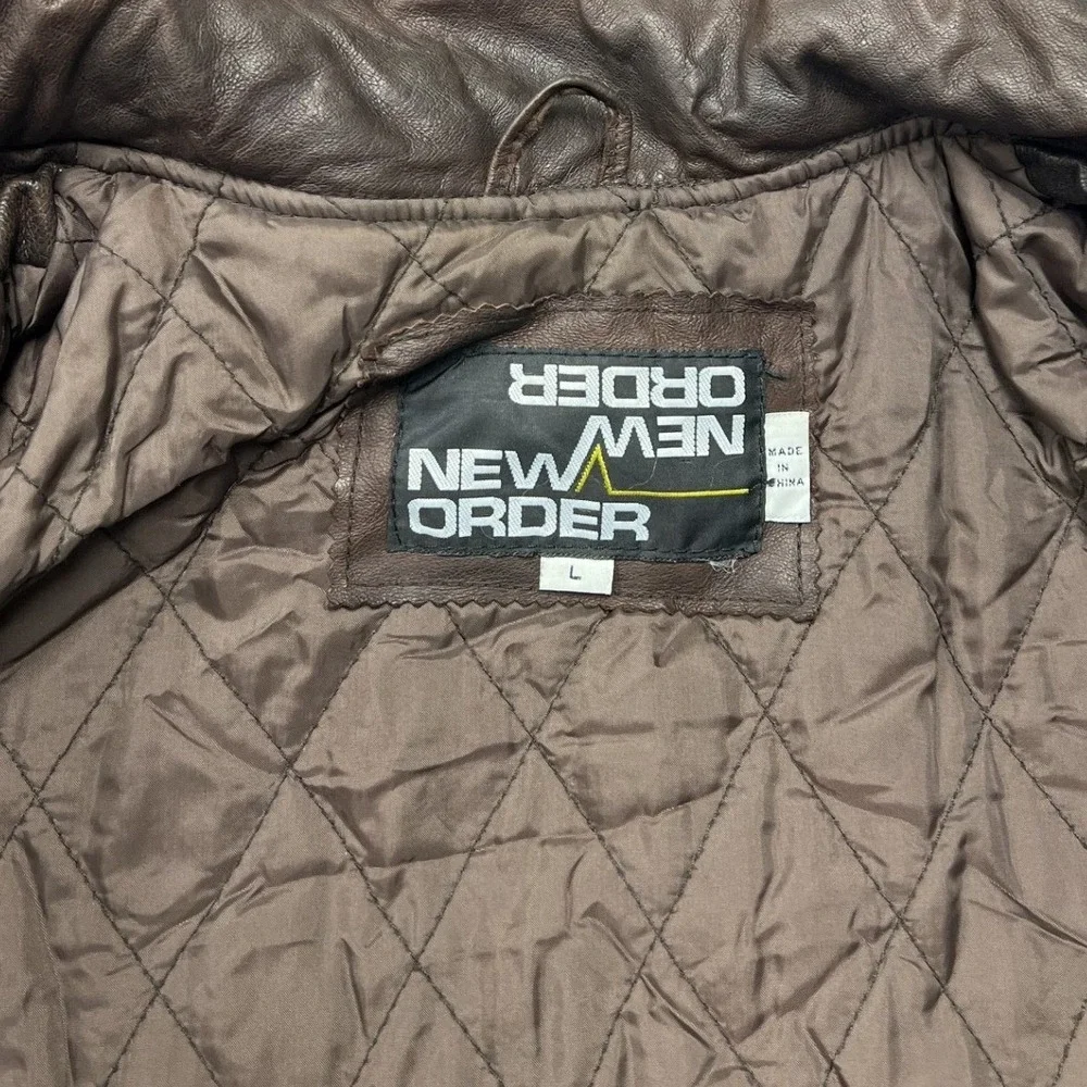 New Order Leather Bomber Jacket Mens M Brown Vintage Quilted Utility
